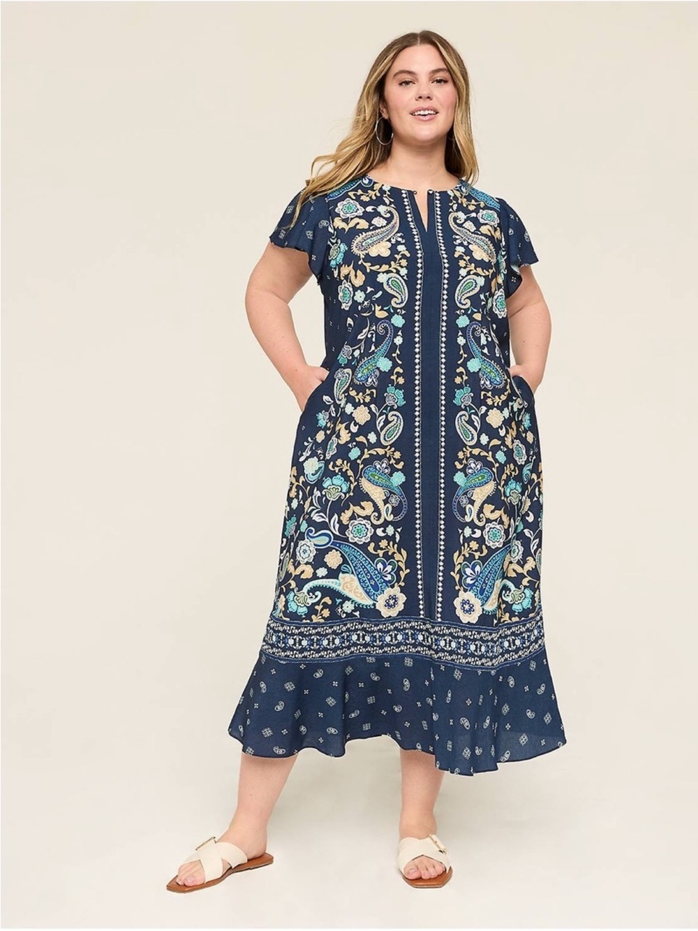 Lane Bryant Navy Boho Paisley Flutter Sleeve Midi Dress with Pockets Floral Plus